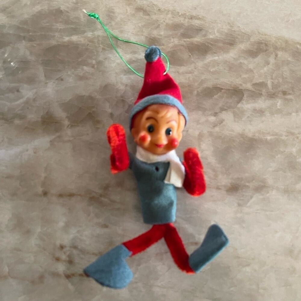 Vintage Pixie smiling Elf 50’s felt wool Christmas ornament 5”